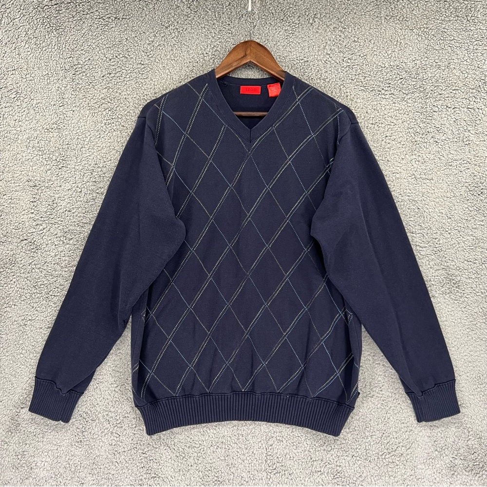 Izod Knit Sweater 100% Cotton V-Neck Blue Men Size Large